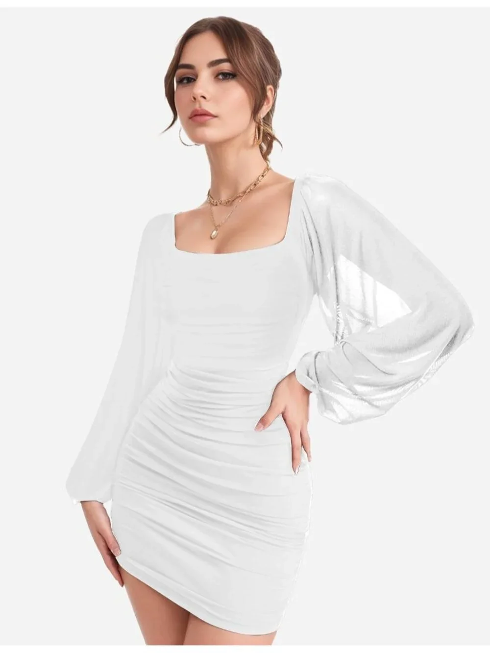 👗 Women's White Long Sleeve Square Neck Ruched Party Cocktail Bodycon Dress